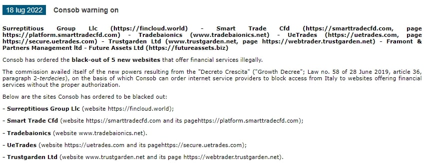 Tradebaionics Blacklisted by Consob 