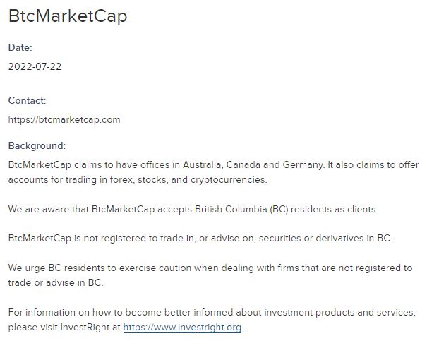 BCSC alert against BtcMarketCap