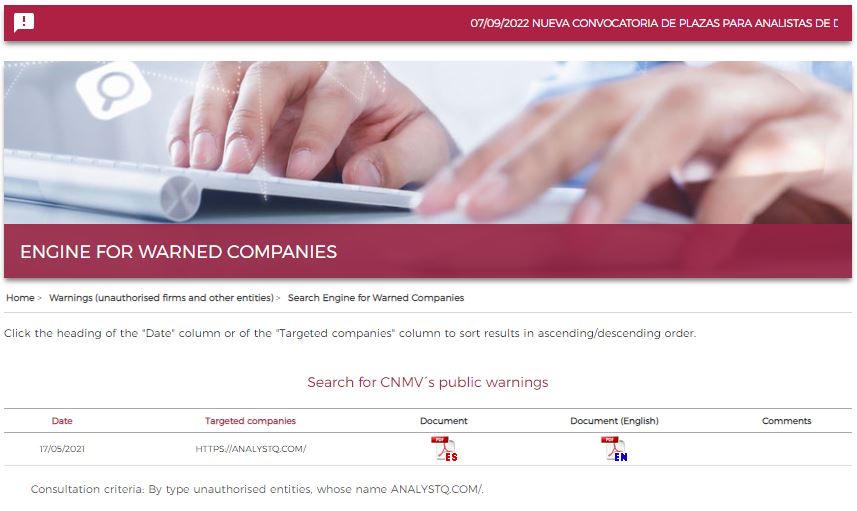 CNMV's warning against AnalystQue