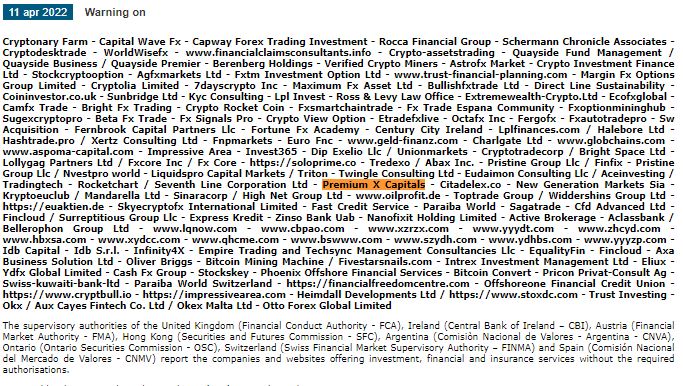 CONSOB warnings against Premium X Capitals