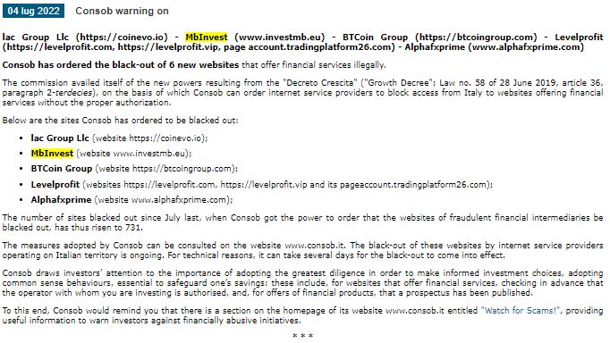 Consob warning on MBInvest