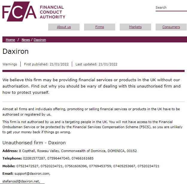 FCA Warning against DaxGlobe