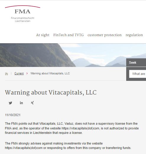 FMA Warning about Vitacapitals, LLC