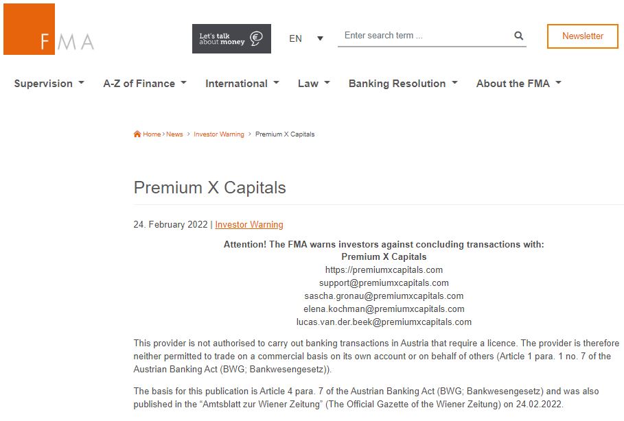 FMA warnings against Premium X Capitals