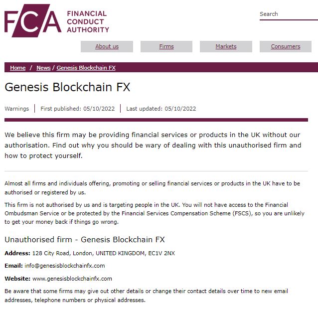 FCA warning against Genesis Blockchain