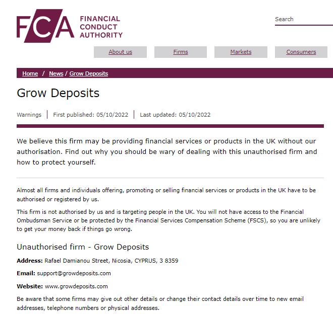 FCA warning against Grow Deposits