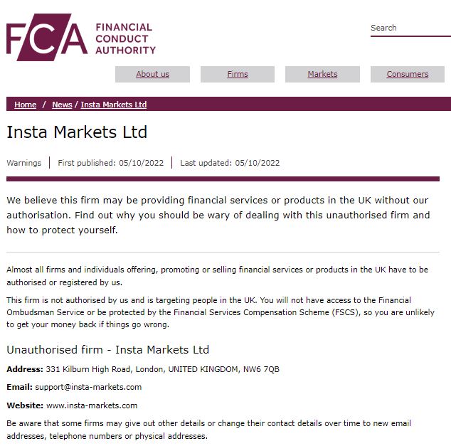 FCA warning against Insta Markets