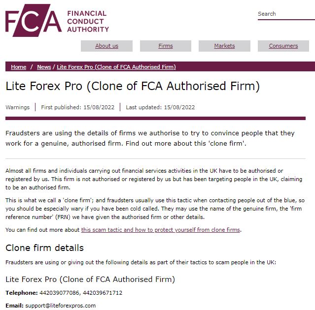 FCA warning against Lite Forex Pro