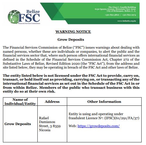 FSC Warning Notice Grow Deposits