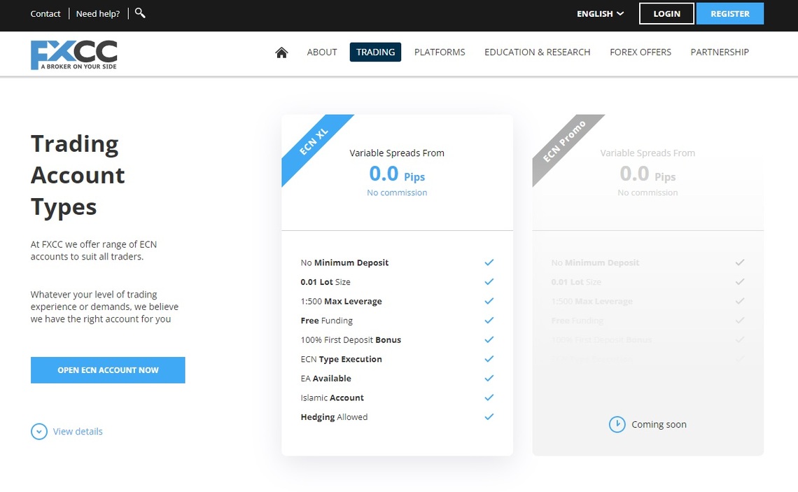 FXCC trading accounts
