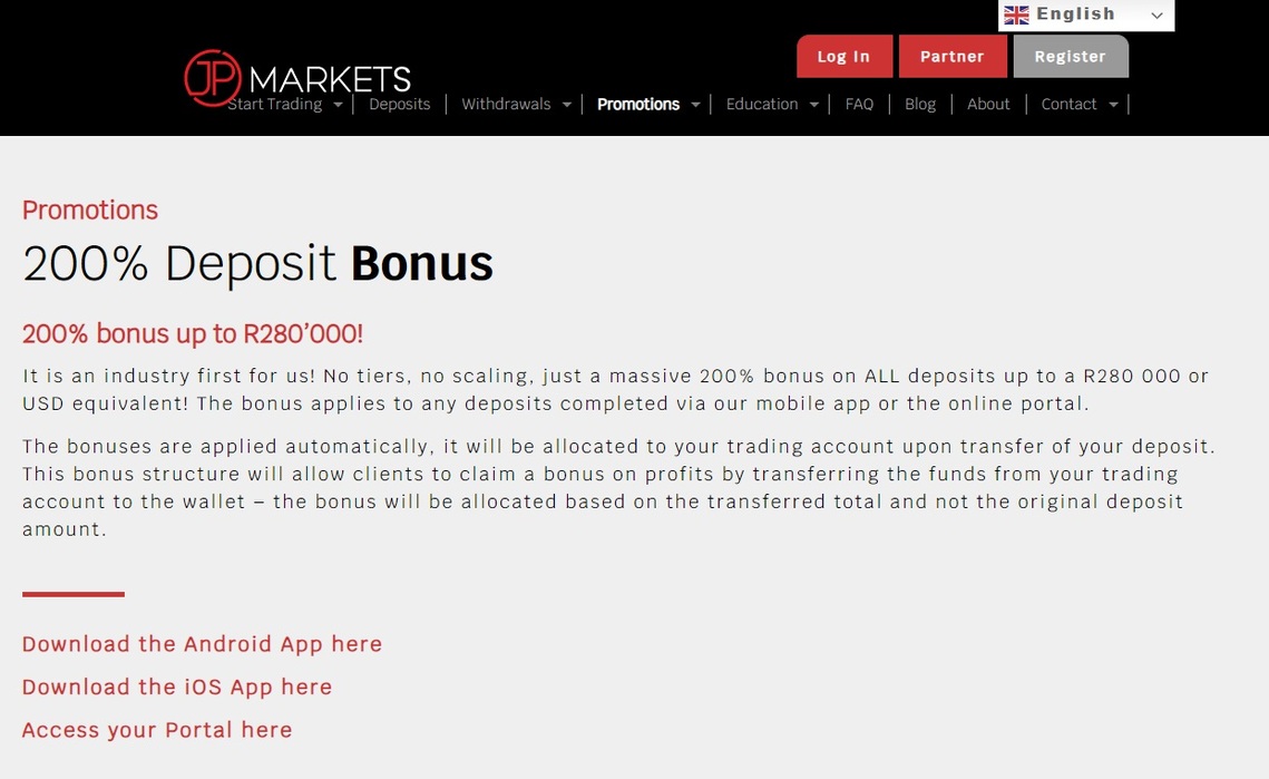 JP Markets 200% deposit bonus