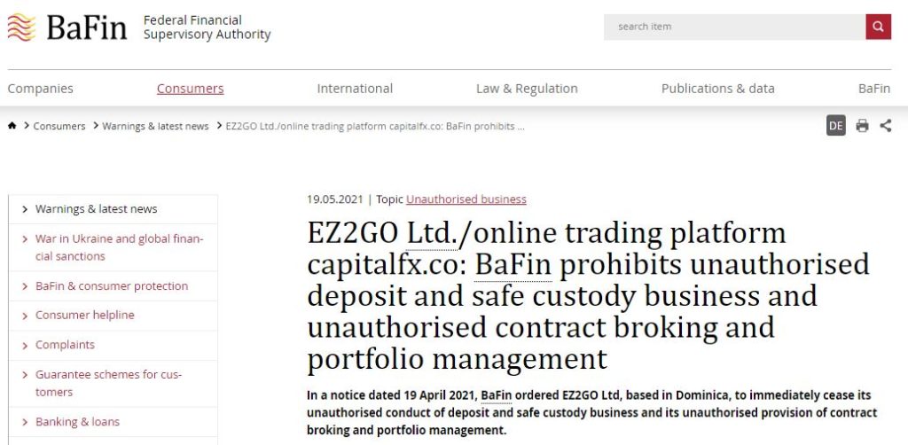Bafin warning on EZ2GO LTD