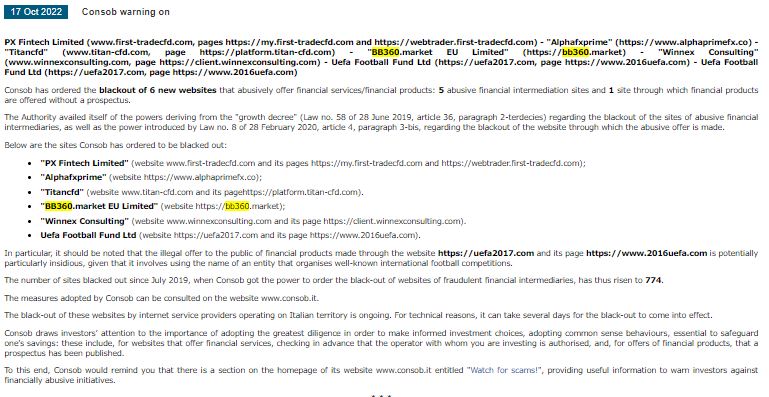 Consob warning against BB360