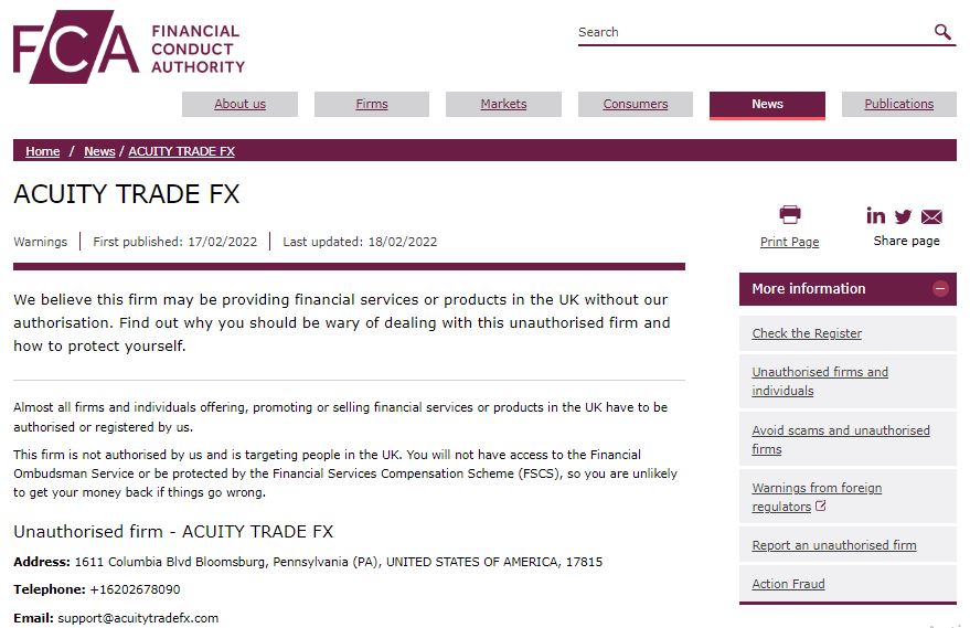 FCA Warning Against Acuity Trades Fx