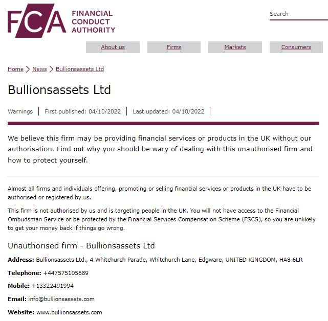 FCA warning against Bullionsassets