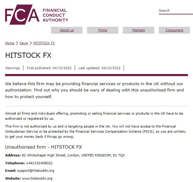 FCA warning against Hitstock Fx