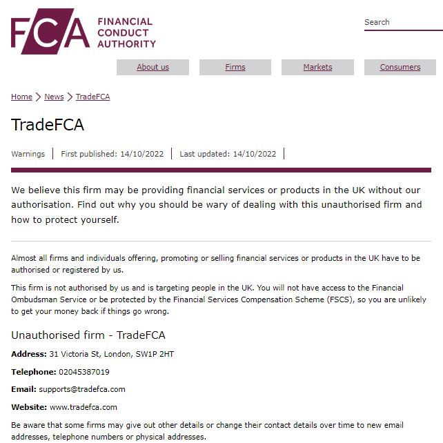 FCA warning against TradeFCA