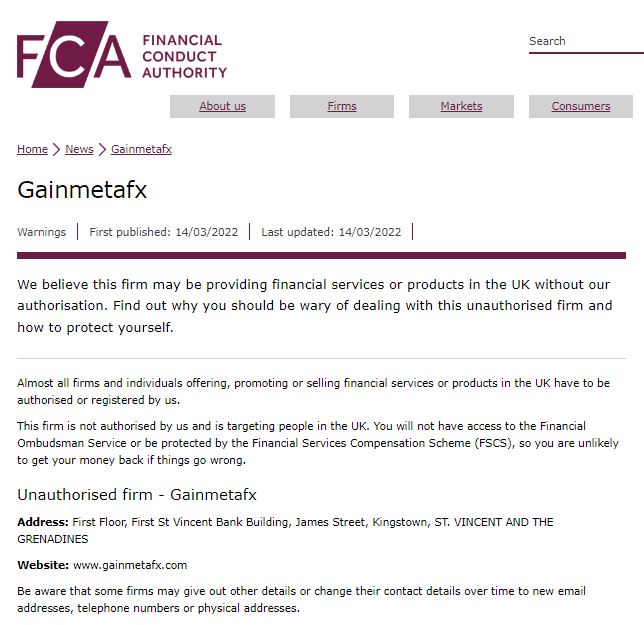 FCA warning againts GainMetaFX