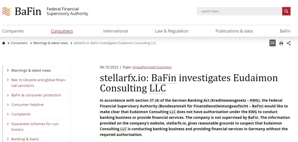 BaFin warning on Stellarfx