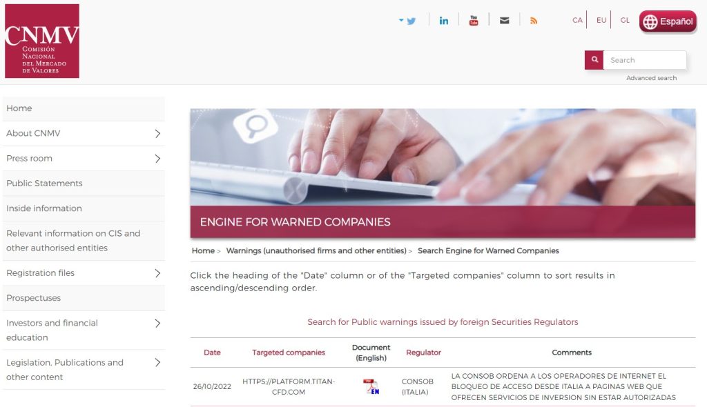 CNMV warning on Titan-cfd