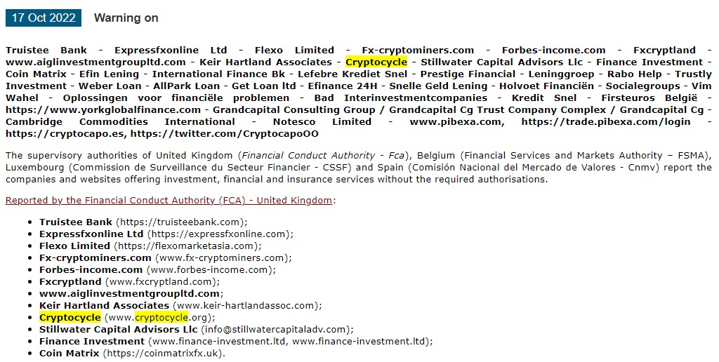 CONSOB warning on Cryptocycle