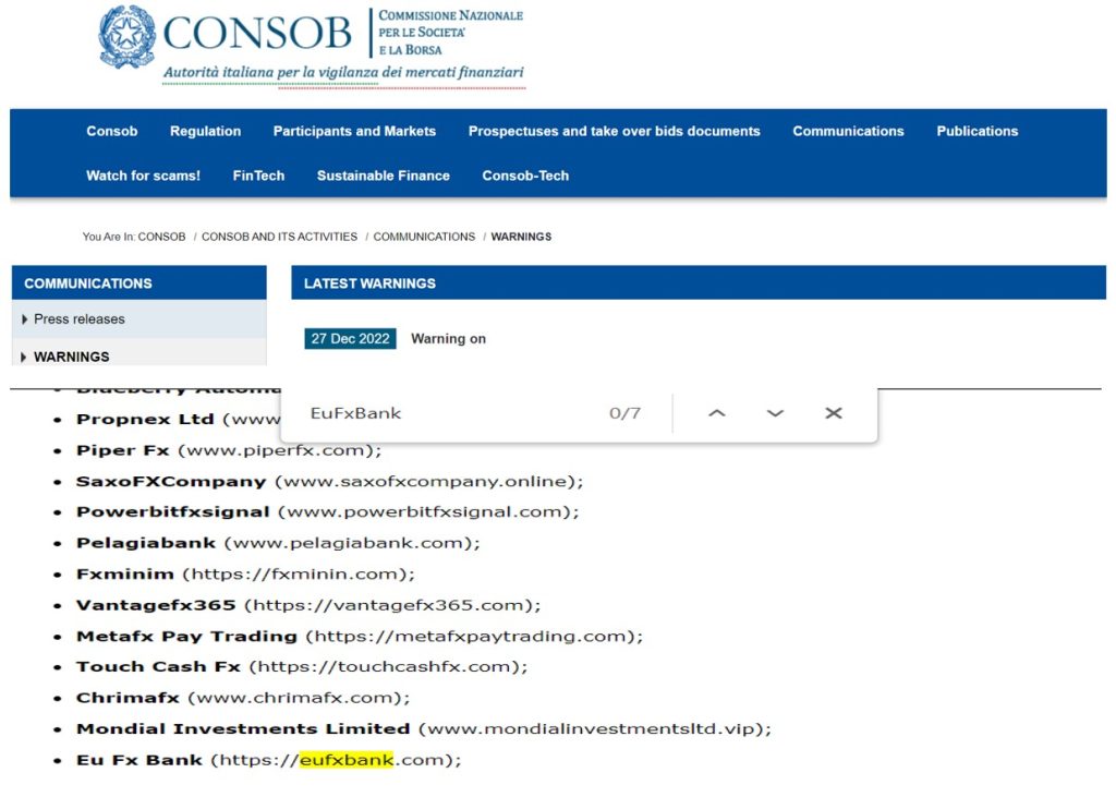 CONSOB warning on EuFxBank