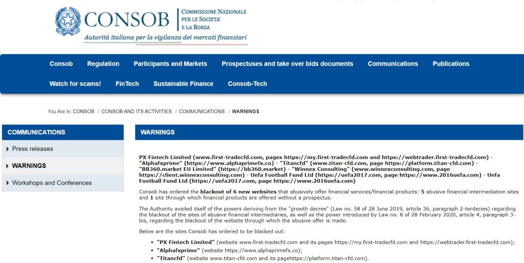 CONSOB warning on Titan-cfd