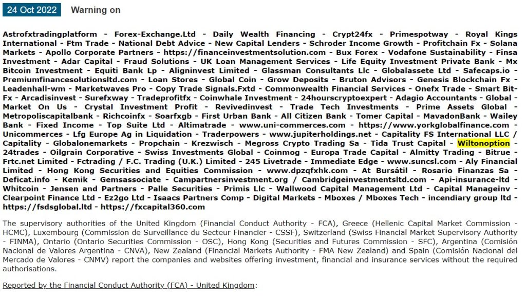 CONSOB warning on Wilton Option