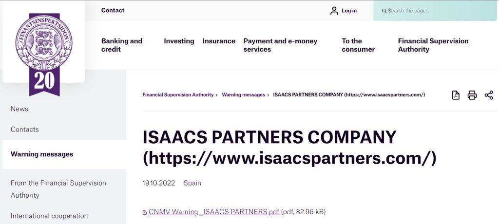 Estonian FI warning on Isaacs Partners