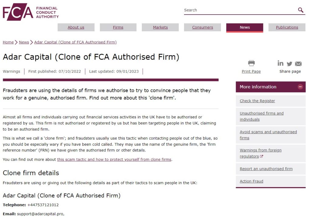 FCA warning on Adar Capital