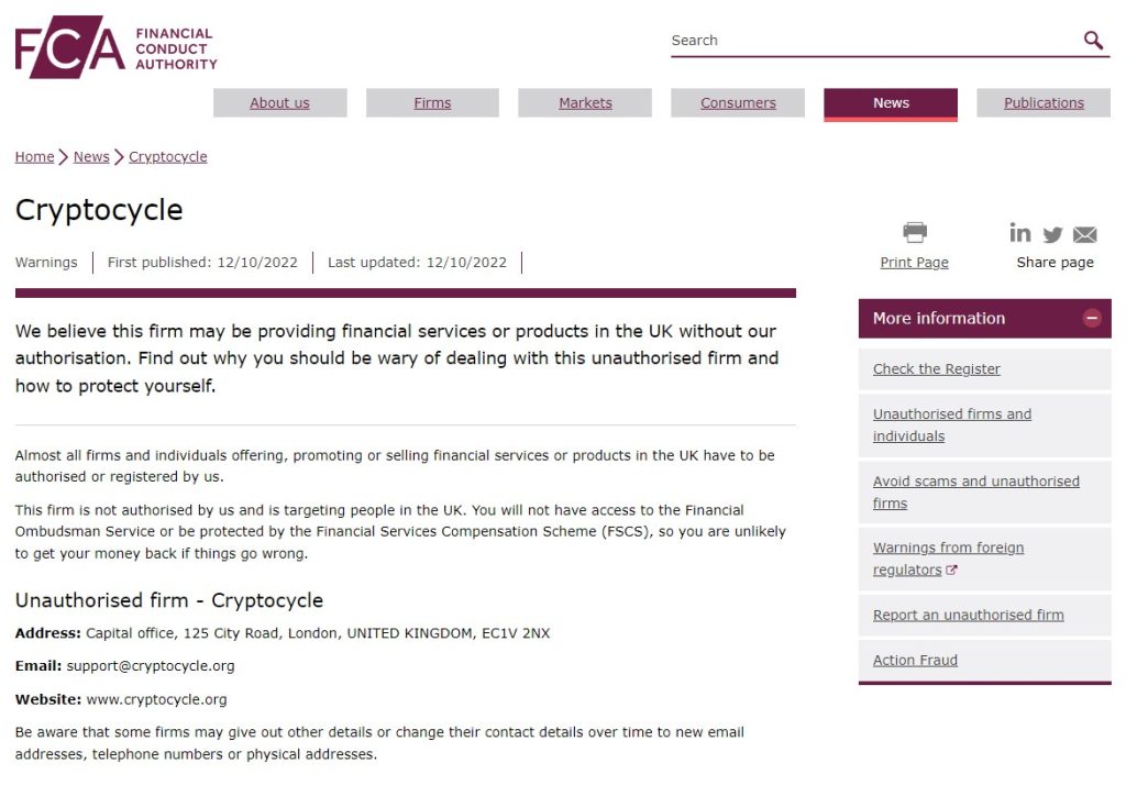 FCA warning on Cryptocycle