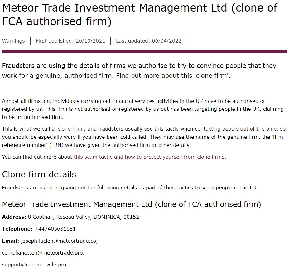 FCA warning on Meteor Trade