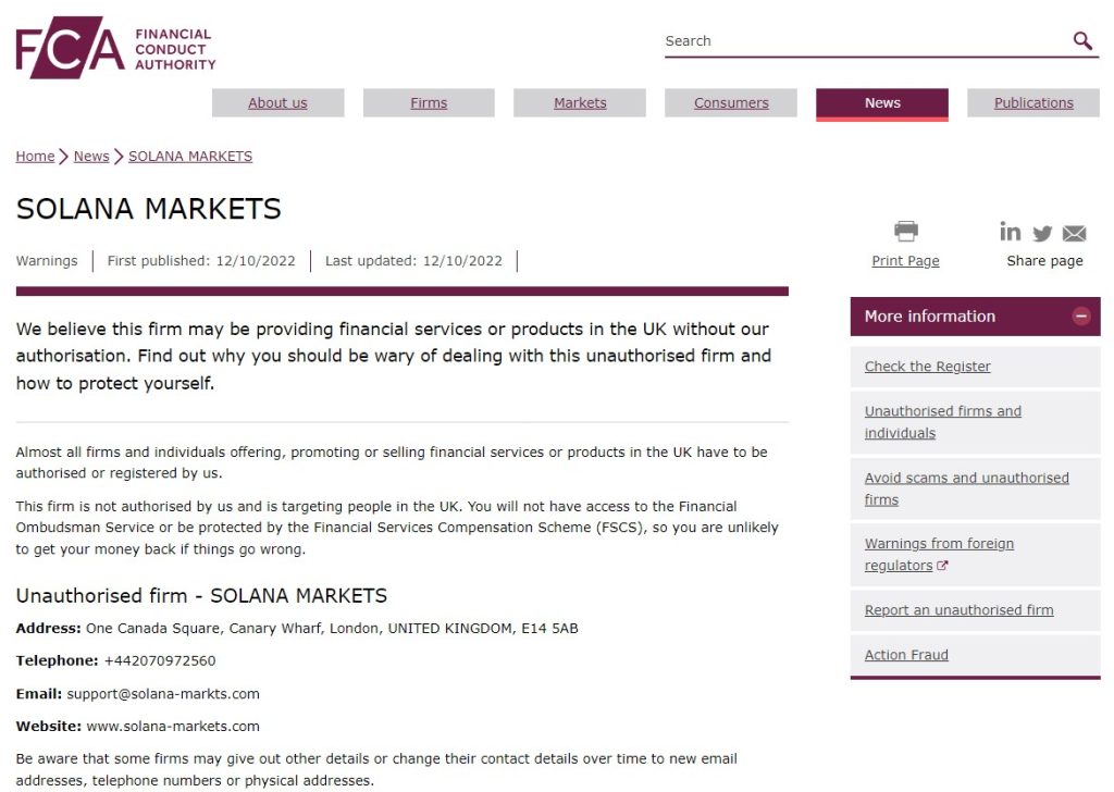 FCA warning on Solana Markets