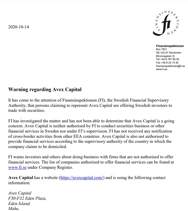 FI warning on Avex Capital