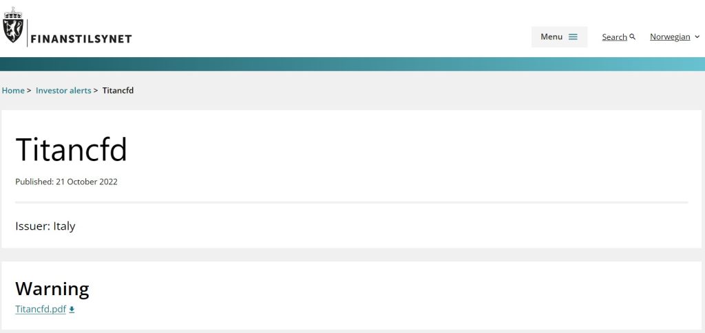 Finanstilsynet warning on Titan-cfd