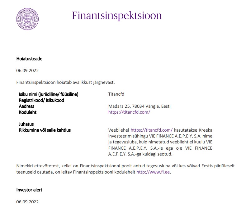 Finantsinspektsioon warning on Titan-cfd