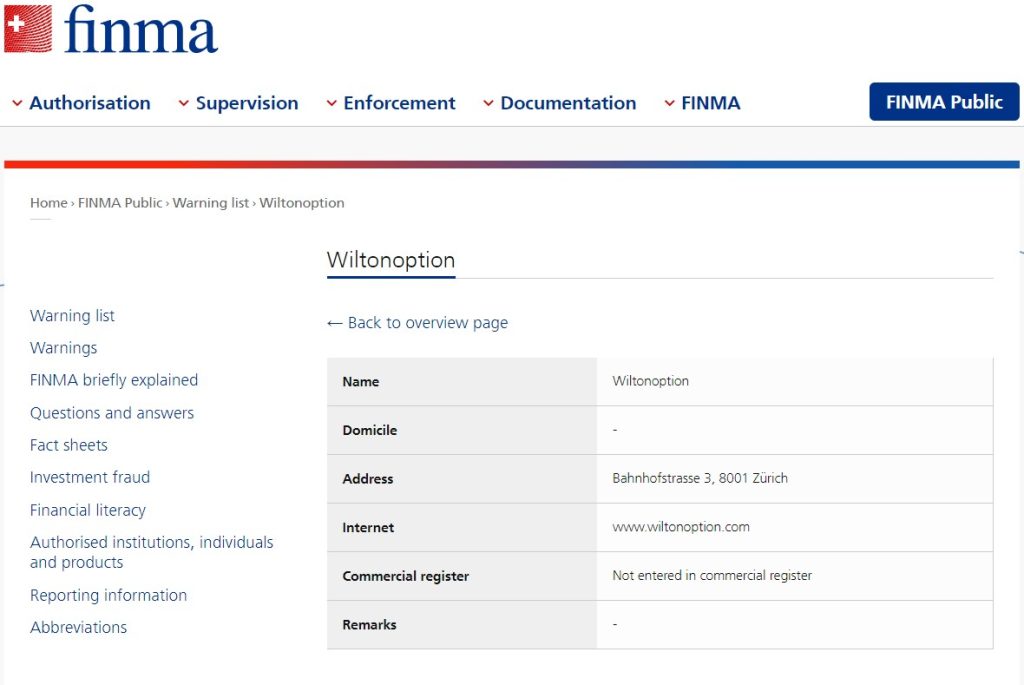 Finma warning on Wilton Option