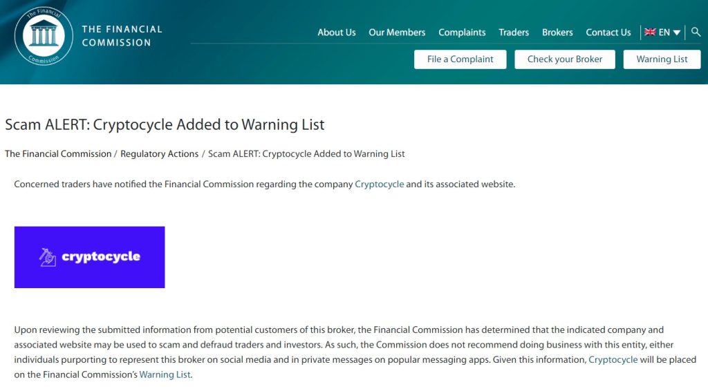 The Financial Commission warning on Cryptocycle