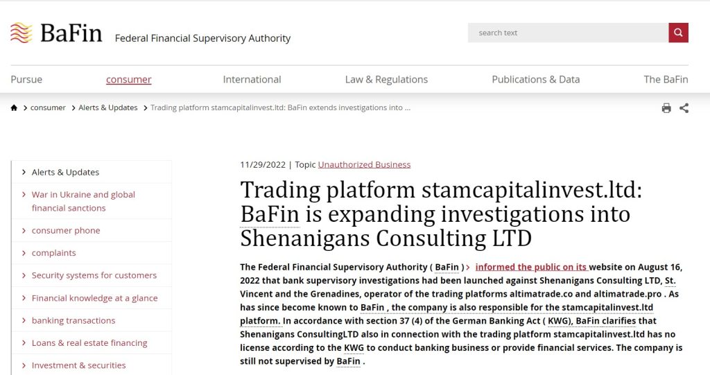 BaFin warning on Stam Capital Invest