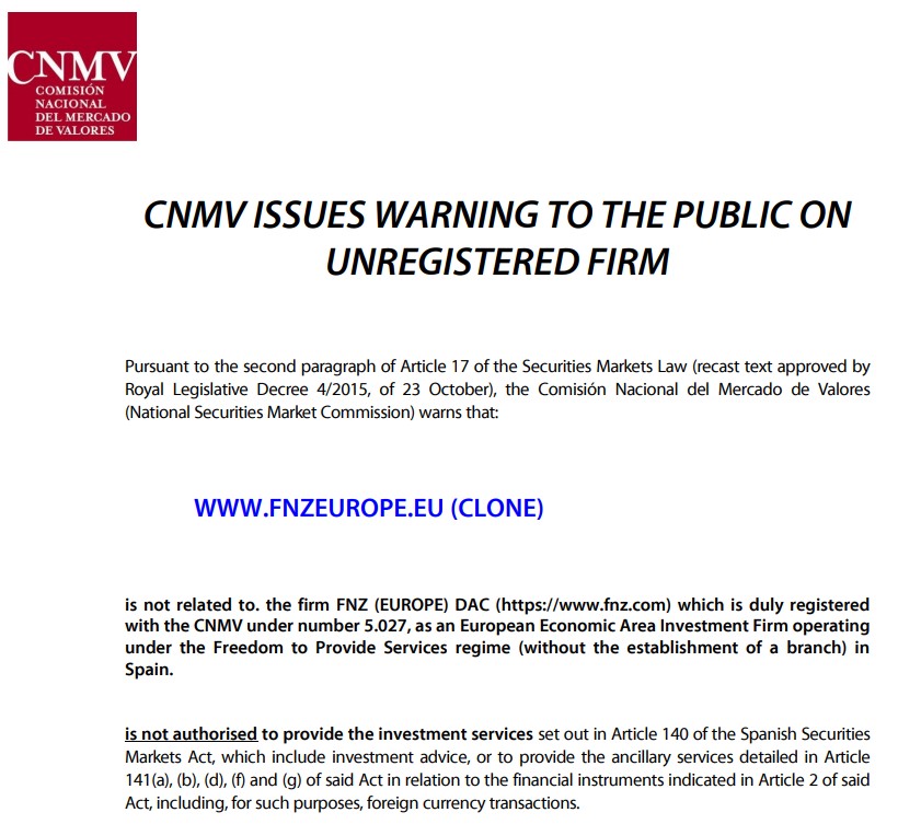 CNVM warning on FNZ Europe