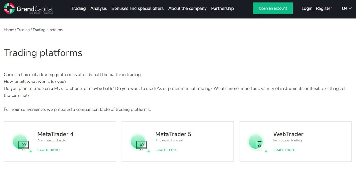 GrandCapital MT4, MetaTrader 5 and WebTrader