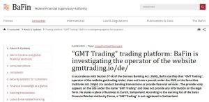 BaFin warning on GMT Trading