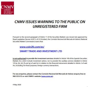 CNMV warning on Coin2FX