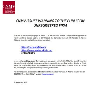 CNMV warning on Networkfsi