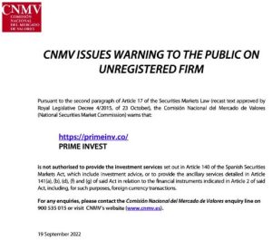 CNMV warning on Primeinv