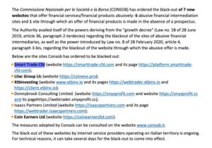 CONSOB warning against Smart Trade CFD