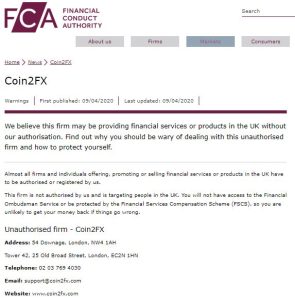 FCA warning on Coin2FX