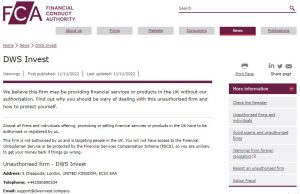 FCA warning on DWS Invest