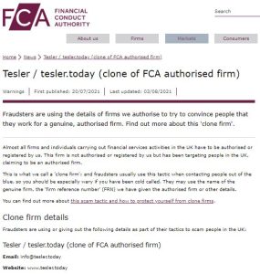 FCA warning on Tesler