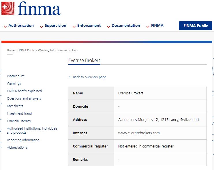 FINMA warning on Everrise Brokers